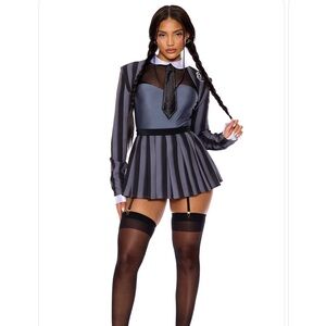 Wednesday Addams Costume- Striped Black and Gray Dress with Tie